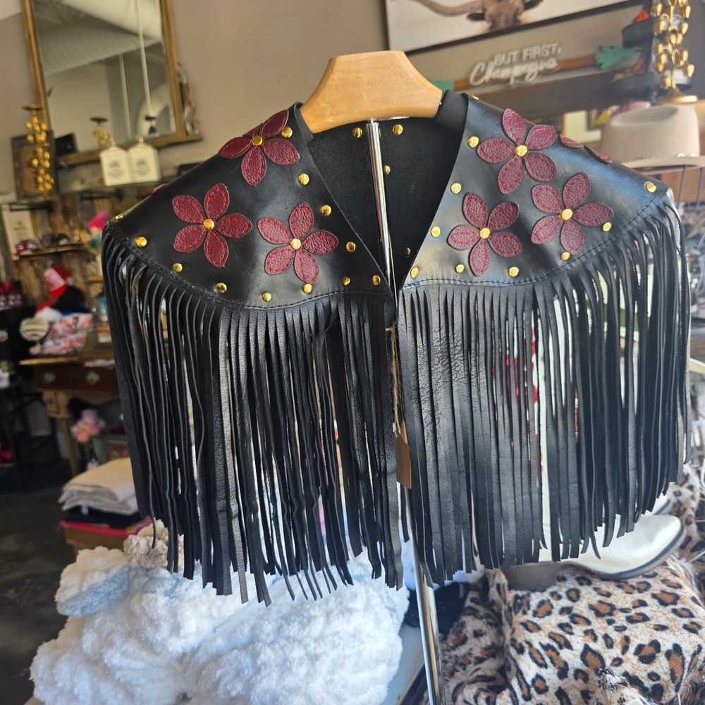 ✨ Handcrafted Black Leather Fringe Shawl | Floral Studded Western Statement ✨